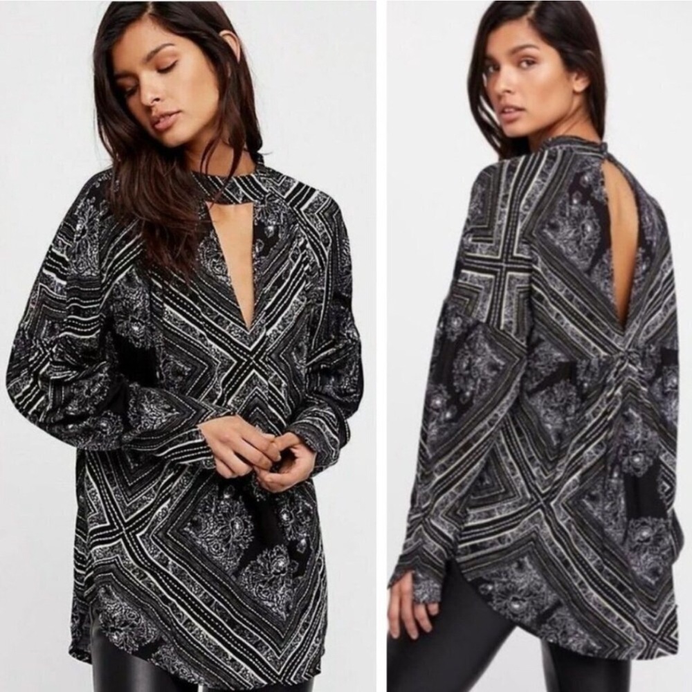 Free People Black Graphic Long Sleeve Tunic M